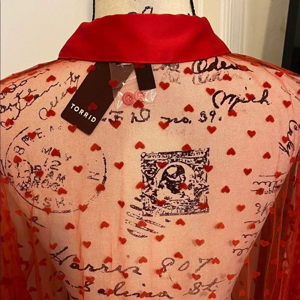 Torrid Heart Design Red Sheer Mesh Long Sleeve Button Kimono Romantic Modern NWT - Picture 11 of 16